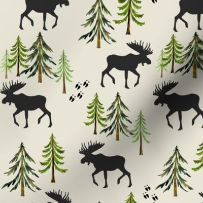 Forest Moose Tracks (black moose) - Woodland Pine Trees - MEDIUM SCALE B