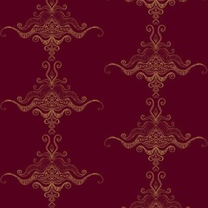 Curly texture damask Ocre on burgundy