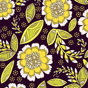 Fantasy Floral, Tea Towel size, yellow brown
