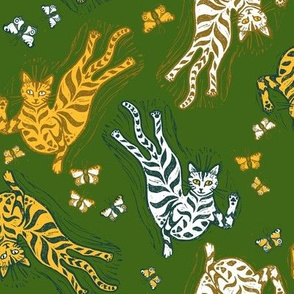 Cats Chasing Butterflies Linocut Print - Moss