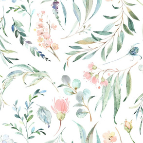 36" Girls Wild Flora – Watercolor Flowers, Leaves & Branches, 36” repeat on fabric
