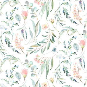 24" Girls Wild Flora – Watercolor Flowers, Leaves & Branches, 24" repeat on fabric
