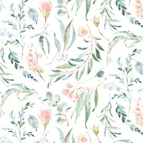 12" Girls Wild Flora – Watercolor Flowers, Leaves & Branches, 12” repeat on fabric