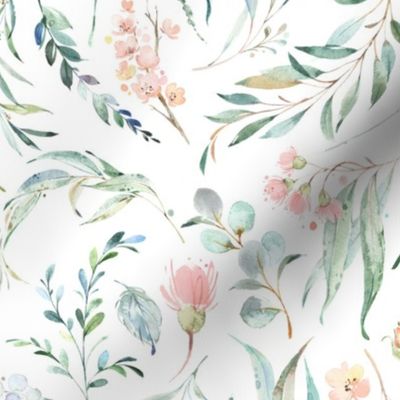 18" Girls Wild Flora – Watercolor Flowers, Leaves & Branches, 18” repeat on fabric