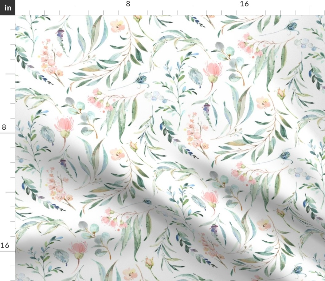 18" Girls Wild Flora – Watercolor Flowers, Leaves & Branches, 18” repeat on fabric