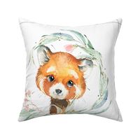 18” Red Panda Floral Pillow Front with dotted cutting lines