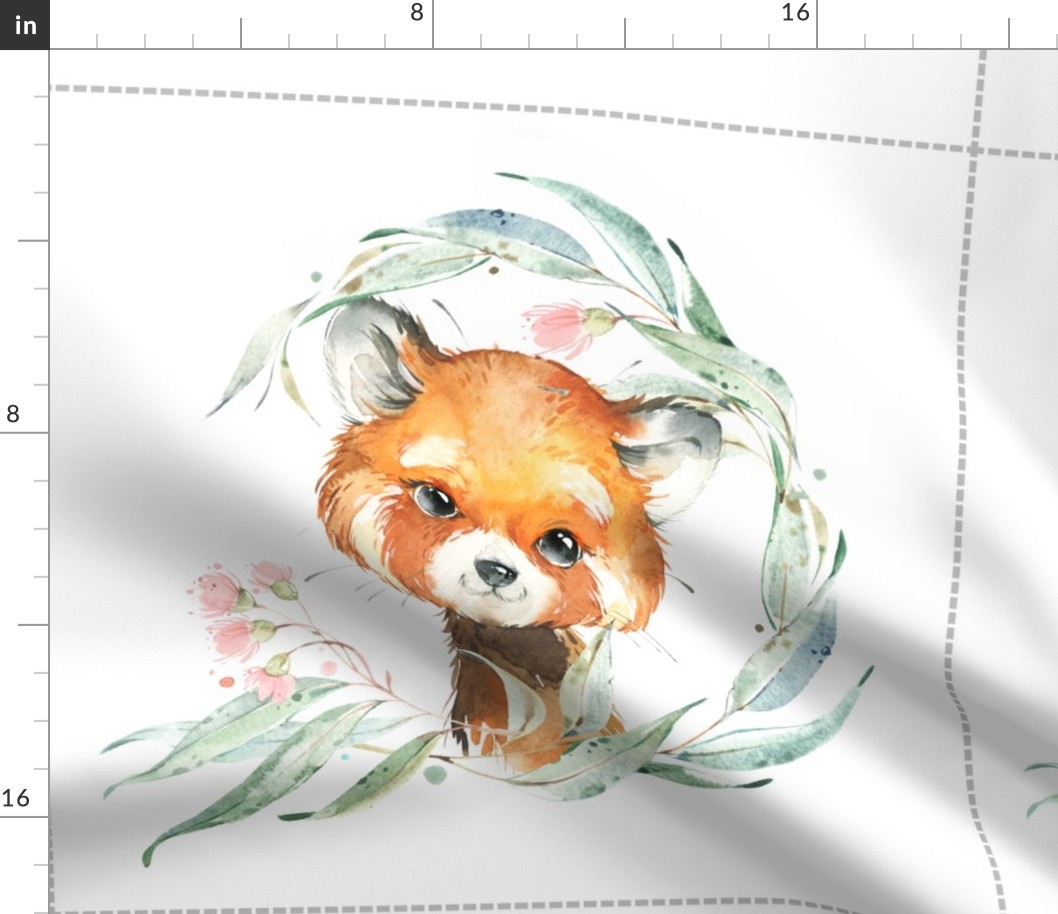 18” Red Panda Floral Pillow Front with dotted cutting lines