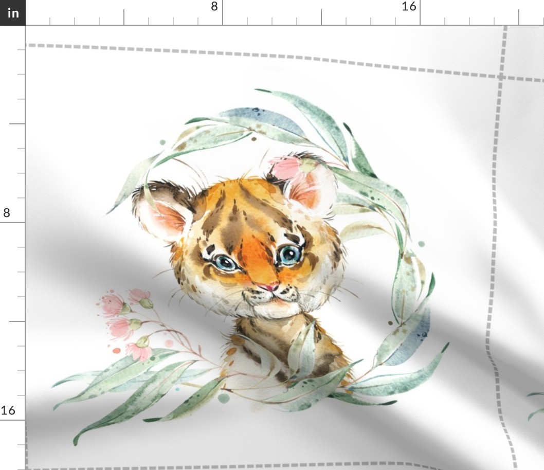 18” Tiger Floral Pillow Front with dotted cutting lines