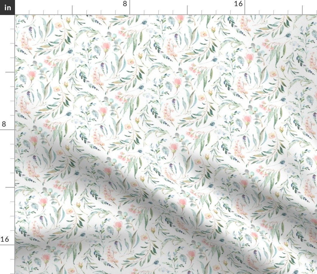 9" Girls Wild Flora – Watercolor Flowers, Leaves & Branches, 9” repeat on fabric