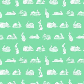 Antique Rabbits in White with a Mint Green Background (Mini Scale) 