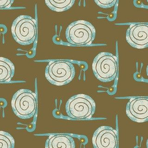 Hand-drawn Ivory and Blue Snails on a Khaki background