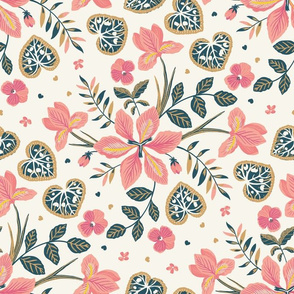 Iris Dream - Day - flower clusters in pink and navy on cream