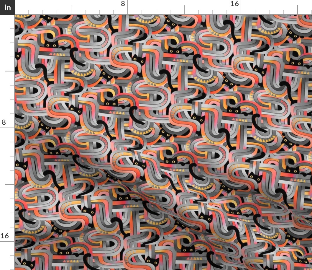 Geo Cats Maze in Sunset Colors plus Grey - small