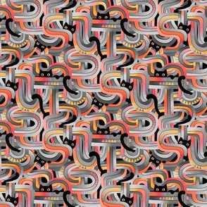 Geo Cats Maze in Sunset Colors plus Grey - micro scale