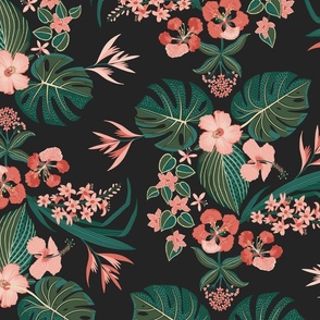 Tropical Drama (large) - leafy floral in green, peach and black