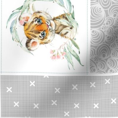 Animal Kingdom Floral Cheater Quilt Blanket – Girls Jungle Safari Animals Blanket, Patchwork Quilt R2 rotated, pink blush + gray