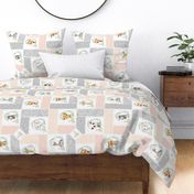 Animal Kingdom Floral Cheater Quilt Blanket – Girls Jungle Safari Animals Blanket, Patchwork Quilt R2 rotated, pink blush + gray