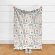 Animal Kingdom Floral Cheater Quilt Blanket – Girls Jungle Safari Animals Blanket, Patchwork Quilt R2, pink blush + gray