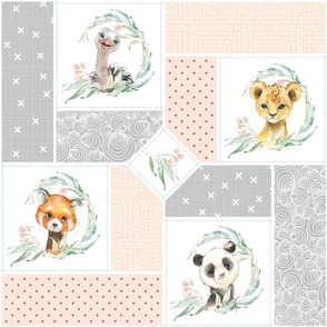 Animal Kingdom Floral Cheater Quilt Blanket – Girls Jungle Safari Animals Blanket, Patchwork Quilt R2, pink blush + gray