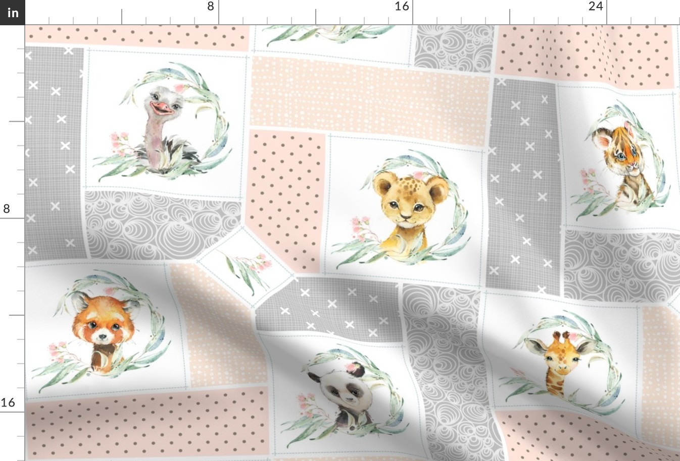 Animal Kingdom Floral Cheater Quilt Blanket – Girls Jungle Safari Animals Blanket, Patchwork Quilt R2, pink blush + gray