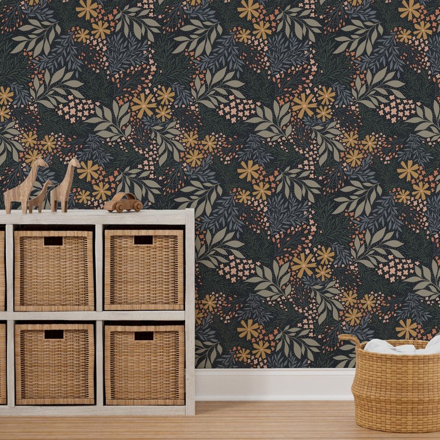 English Garden Floral - dark blue - Wallpaper | Spoonflower