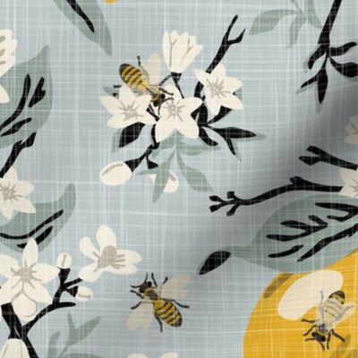 Bees & Lemons - Linen Texture - Large - Black Stems