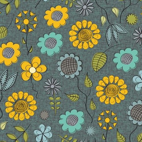 Summer Flowers in Yellow and Blue on Gray