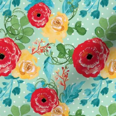 Country Flowers on Mint Polka Dots