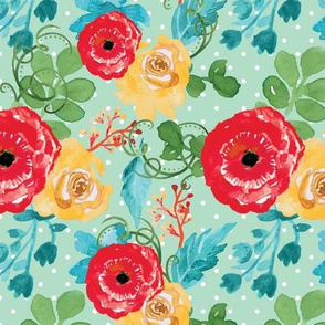 Country Flowers on Mint Polka Dots