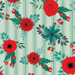 Red Flowers on Mint Stripes