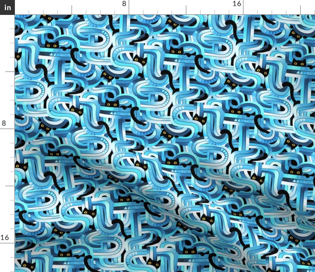 Geo Cats Maze in Blue, Black and White - small