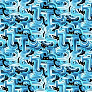 Geo Cats Maze in Blue, Black and White - micro scale