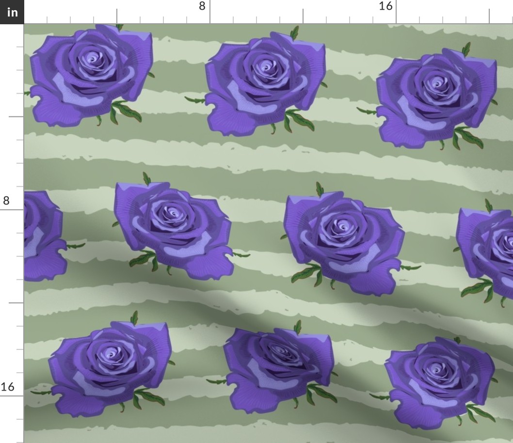 Jumbo Purple Roses on Sage Striped Green Background