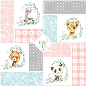 Animal Kingdom Cheater Quilt Blanket Quilt – Girls Jungle Safari Animals Blanket, Patchwork Quilt J, pink blue + gray