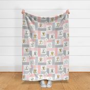 Animal Kingdom Floral Cheater Quilt Blanket – Girls Jungle Safari Animals Blanket, Patchwork Quilt K, pink + gray