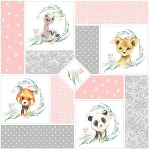 Animal Kingdom Floral Cheater Quilt Blanket – Girls Jungle Safari Animals Blanket, Patchwork Quilt K, pink + gray