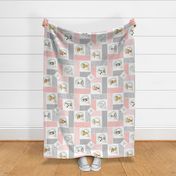 Animal Kingdom Floral Cheater Quilt Blanket – Girls Jungle Safari Animals Blanket, Patchwork Quilt K rotated, pink + gray