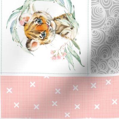 Animal Kingdom Floral Cheater Quilt Blanket – Girls Jungle Safari Animals Blanket, Patchwork Quilt K rotated, pink + gray