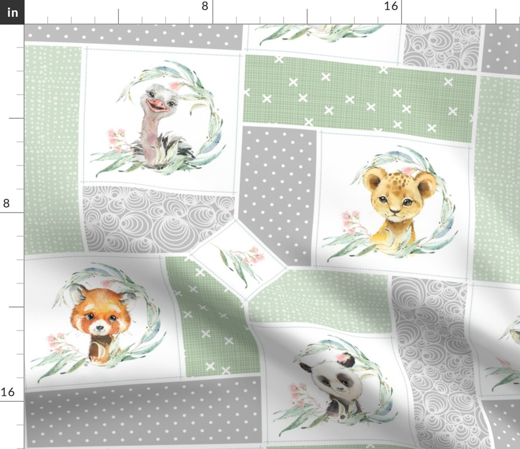 Animal Kingdom Floral Cheater Quilt Blanket – Girls Jungle Safari Animals Blanket, Patchwork Quilt M, parsley + gray