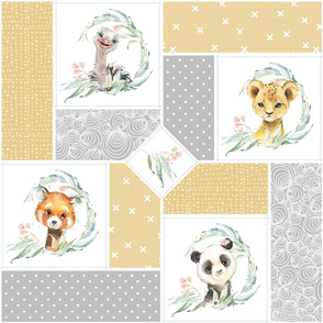 Animal Kingdom Floral Cheater Quilt Blanket – Girls Jungle Safari Animals Blanket, Patchwork Quilt N, honeydrop + gray