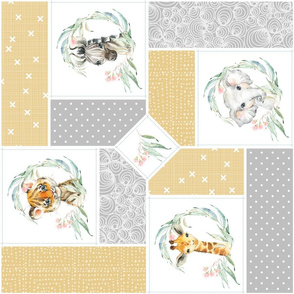 Animal Kingdom Floral Cheater Quilt Blanket – Girls Jungle Safari Animals Blanket, Patchwork Quilt N rotated, honeydrop + gray