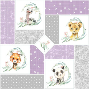 Animal Kingdom Floral Cheater Quilt Blanket – Girls Jungle Safari Animals Blanket, Patchwork Quilt P, thistle + gray