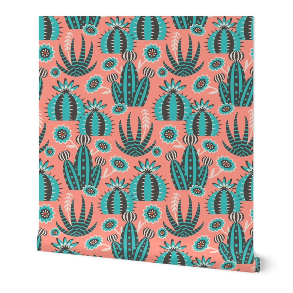 DESERT GARDEN Retro Cactus Flowers Aloe Succulents Botanical in Vintage Mid-Century Turquoise Charcoal Red White on Pink - SMALL SCALE - UnBlink Studio by Jackie Tahara