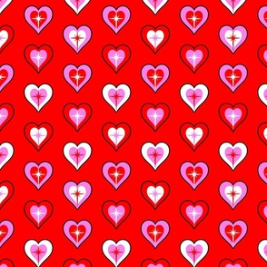 retro kitsch hearts on red