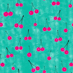 cherry stamp - pink on teal - large scale