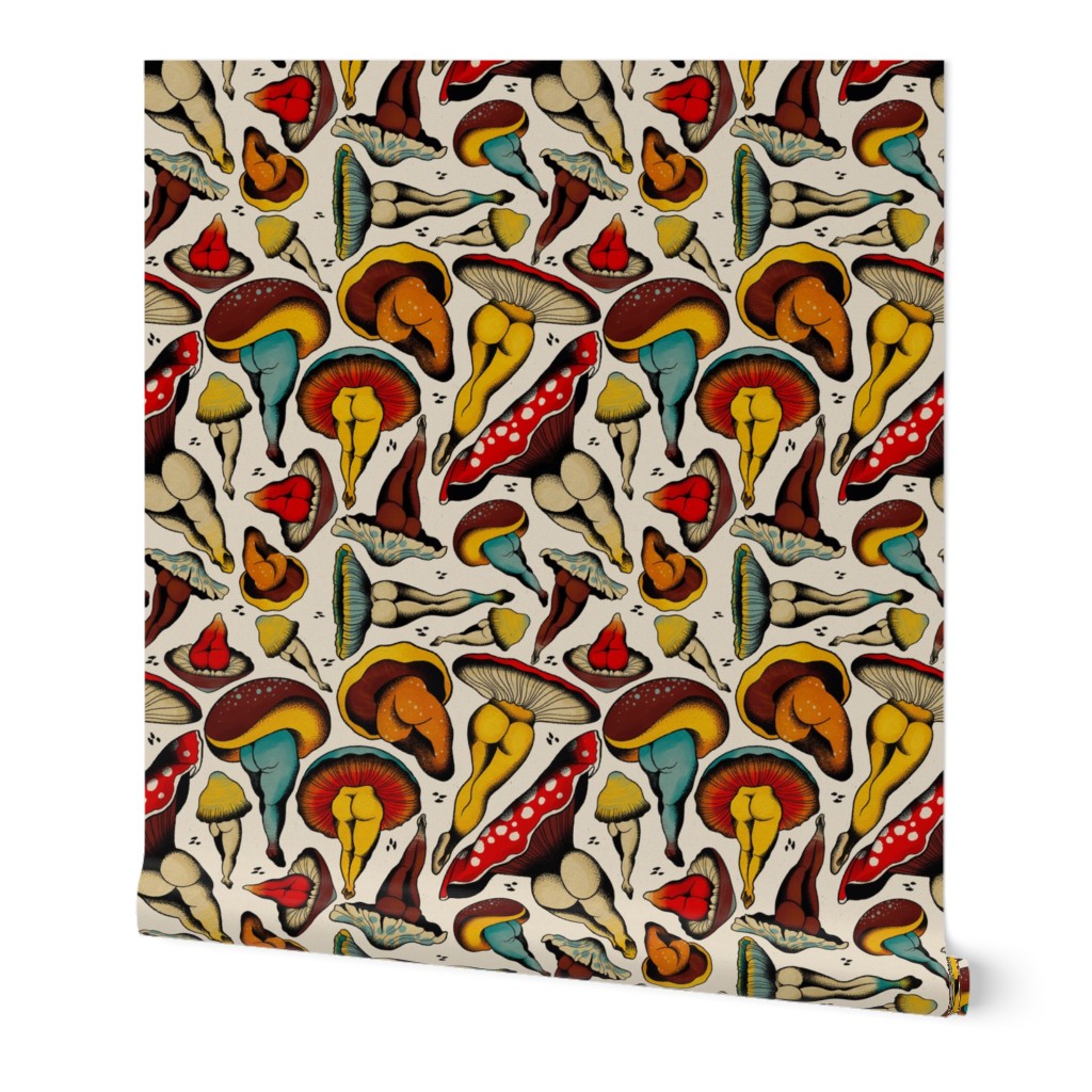 Sexy Mushrooms Wild Arrangement Cream Wallpaper Spoonflower