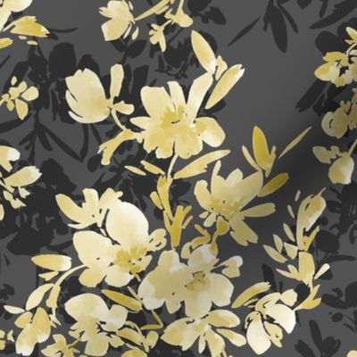 Possibilities Floral Pattern Black Yellow Silhouette Hand painted watercolor florals fashion apparel quilting fabric wallpaper