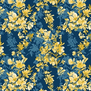 Possibilities Floral Pattern Navy Blue Yellow Silhouette Hand painted watercolor florals fashion apparel quilting fabric wallpaper
