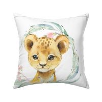 18” Lion Cub Floral Pillow Front with dotted cutting lines