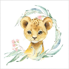 18” Lion Cub Floral Pillow Front with dotted cutting lines